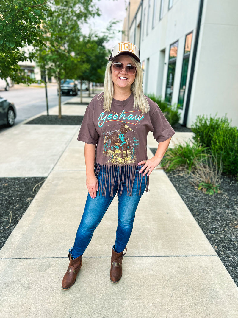 Brown Fringe Yeehaw Tee