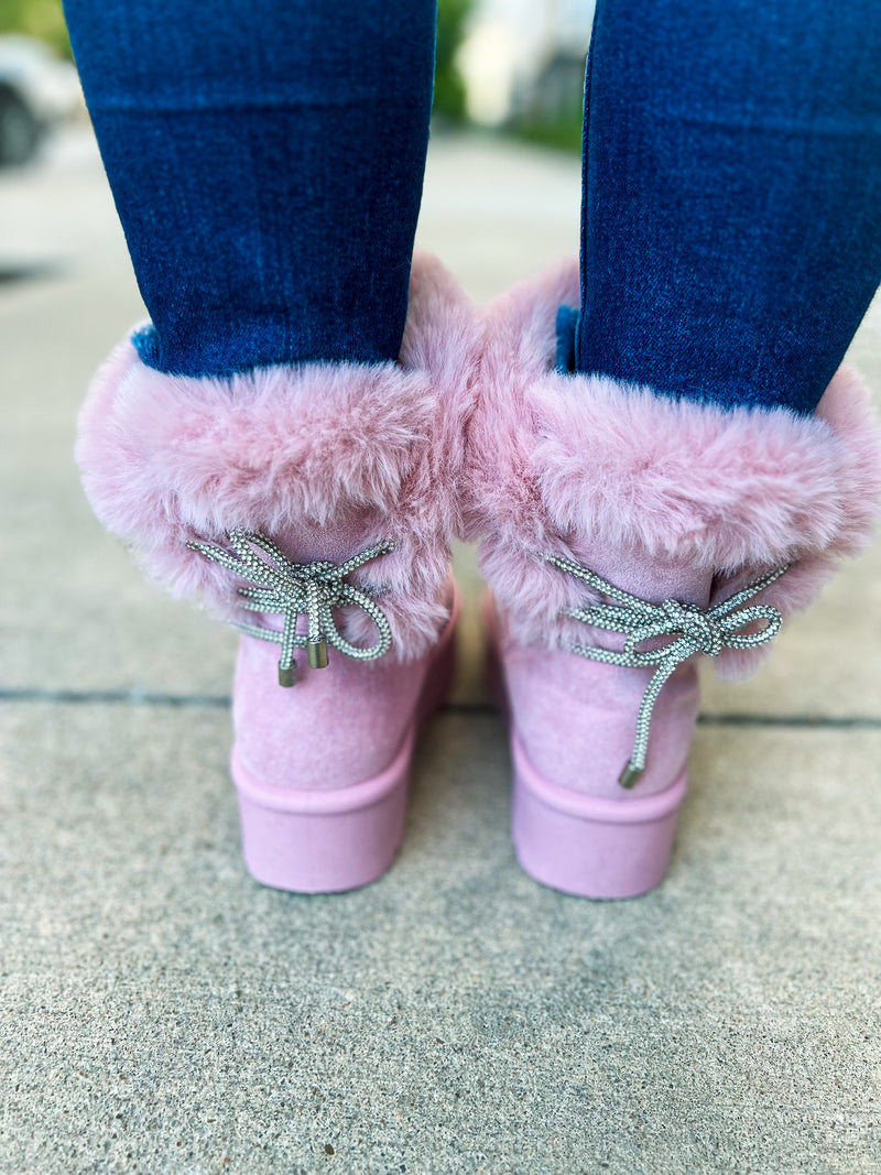 Pink Rhinestone Fur Boots