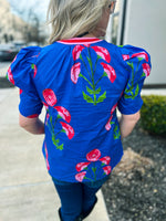 Blue Floral Cuff Top