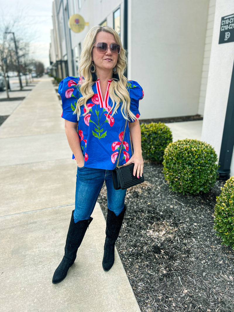 Blue Floral Cuff Top