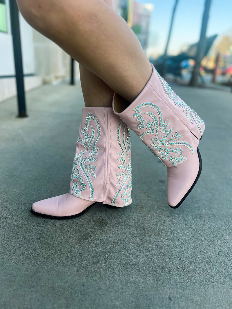 Pink Rhinestone Cuff Boots
