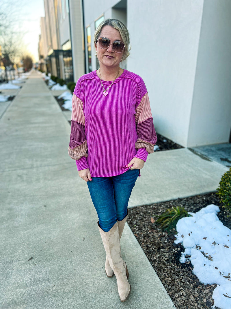 Magenta Ribbed Long Sleeve Top