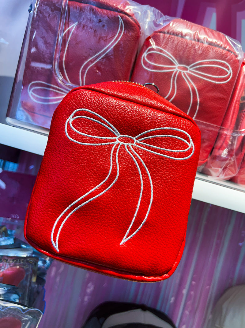 Red Leather Bow Makeup Bag