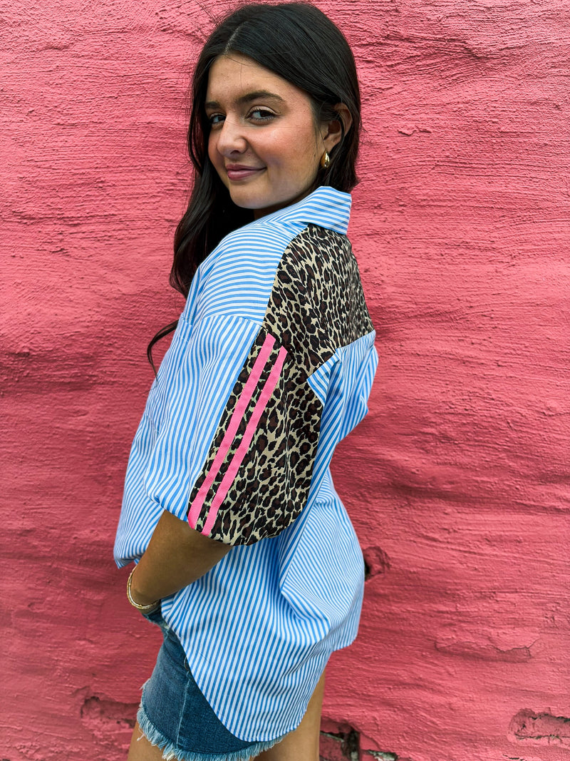 Striped Chambray Leopard Top