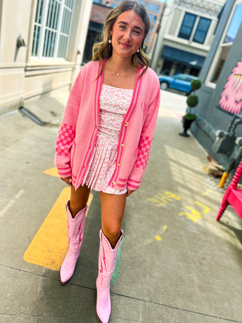 Pink Checkered Bow Cardigan