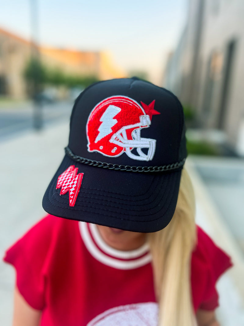 Red Sequin Helmet on Black Cap