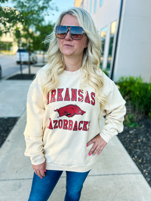 Arkansas Razorback Corded Pullover-Creme