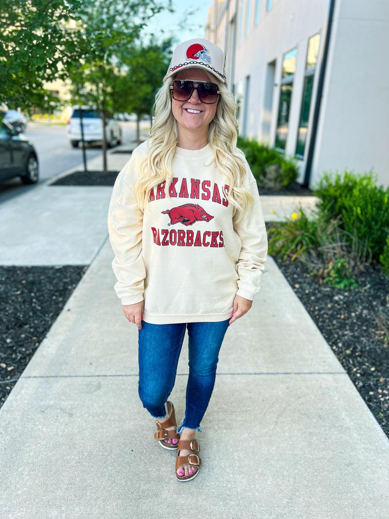 Arkansas Razorback Corded Pullover-Creme