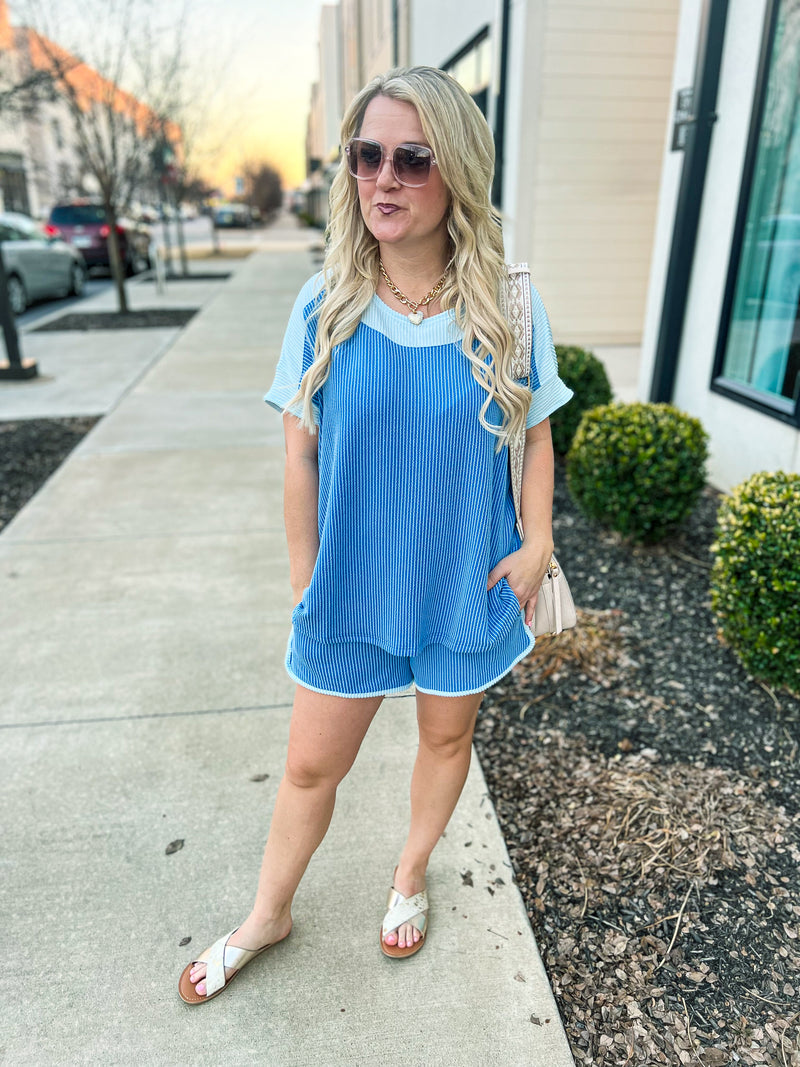 Blue Rib Knit Top