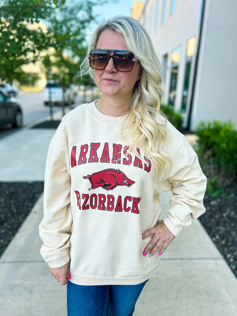 Arkansas Razorback Corded Pullover-Creme