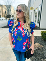 Blue Floral Cuff Top