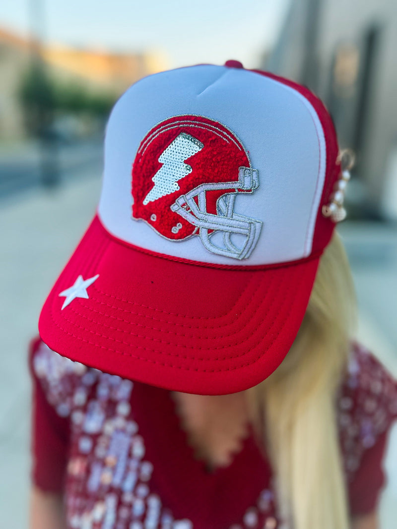 Red Sequin Helmet on Red Cap