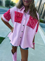 Hot Pink Sequin Button Up