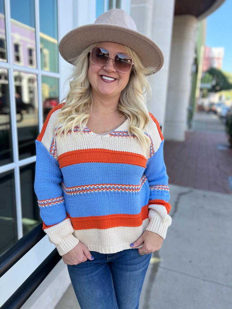 Bibi Orange Blue Striped Sweater XL