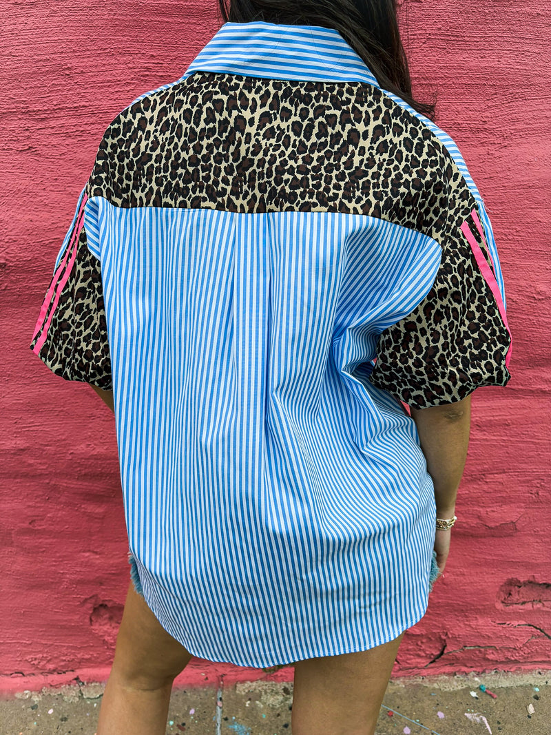 Striped Chambray Leopard Top
