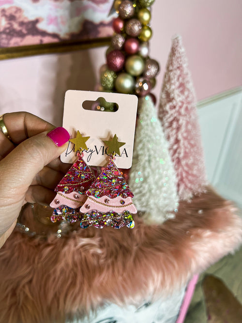 Pink Christmas Tree Earings