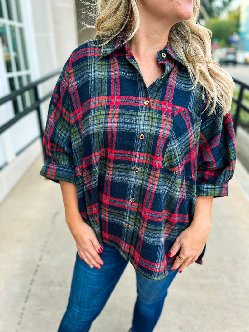 Plaid Button Up-Navy