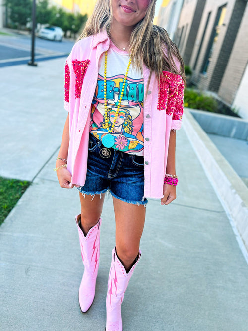 Hot Pink Sequin Button Up