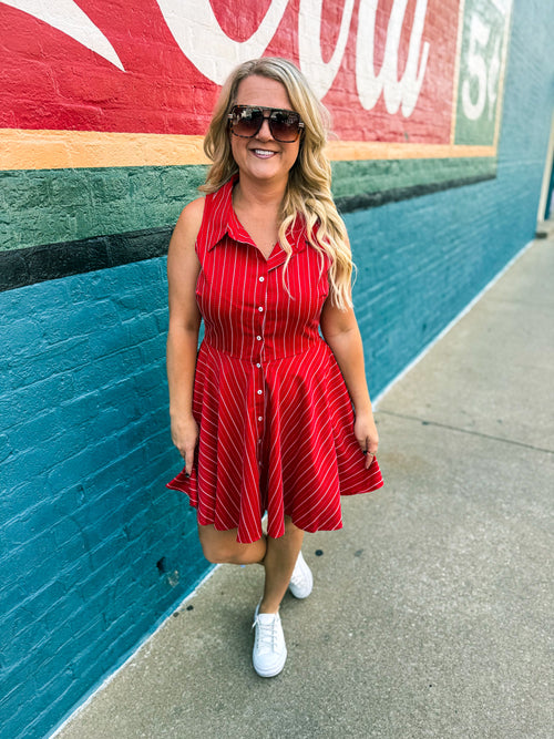 Red Striped Button Down Dress