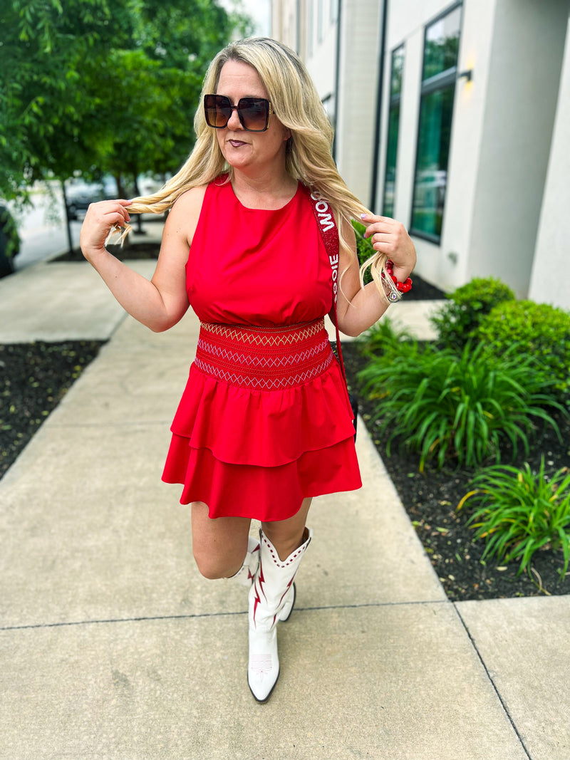 Open Back Mini Romper Dress-Red