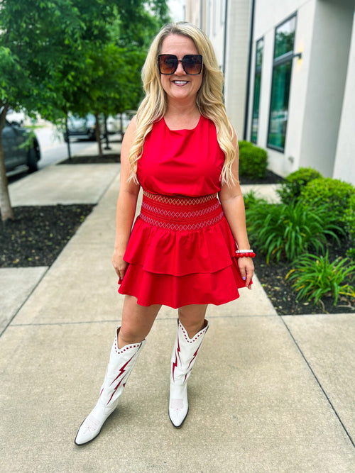 Open Back Mini Romper Dress-Red