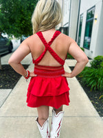 Open Back Mini Romper Dress-Red