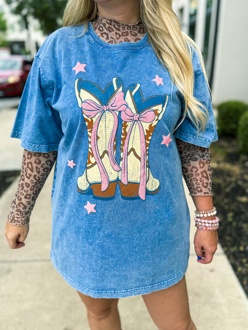 Boots N Bows Mineral Wash Tee-Blue