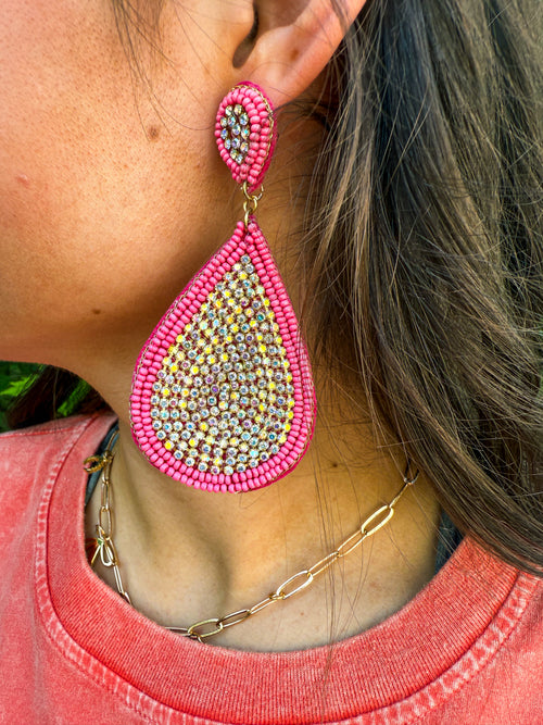 Pink Rhinestone Teardrop Earrings