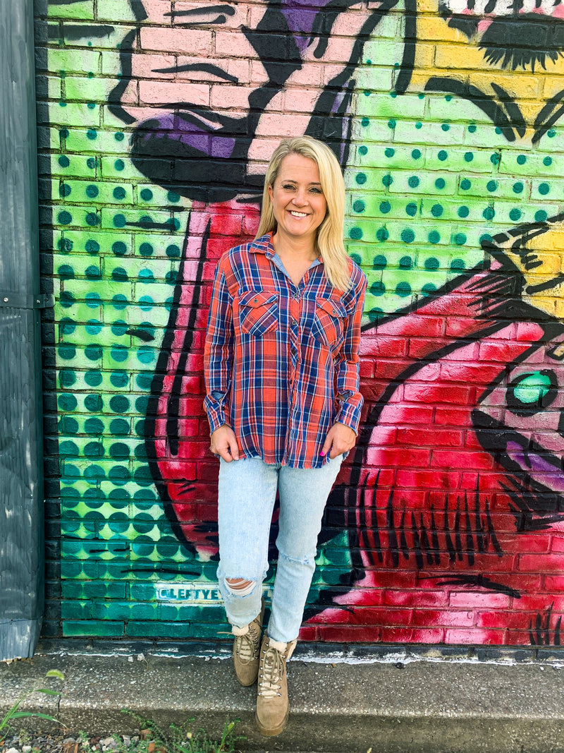 Rust Plaid Distressed Button Up