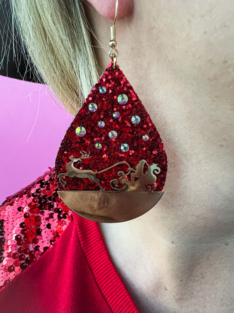 Sleigh Glitter Earrings-Red