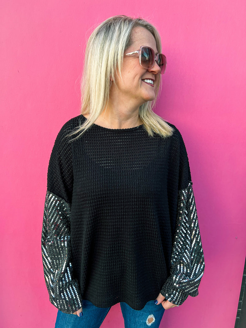 Black Waffle Knit Sequin Top