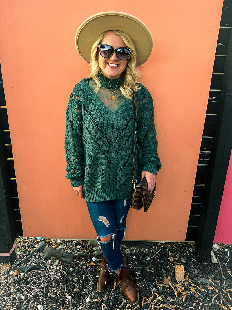 Green Sweater with Lace Neck