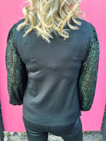 Black Top with Green Sequin Sleeves