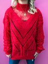 Red Sweater with Lace Neck