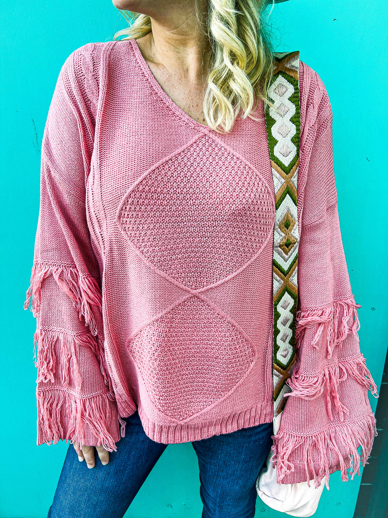 Fringe Cable Knit Sweater-Pink