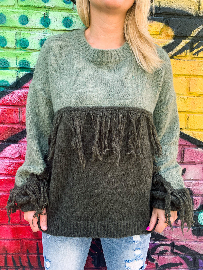 Olive Fringe Sweater