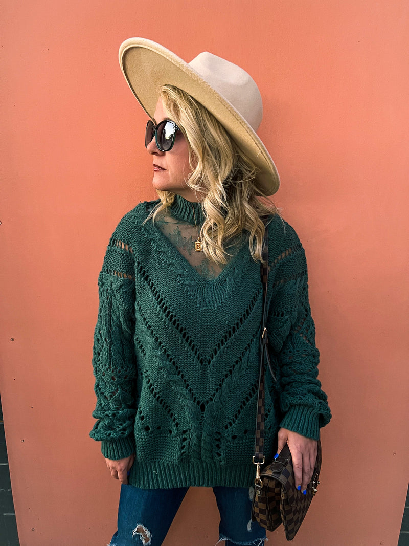 Green Sweater with Lace Neck