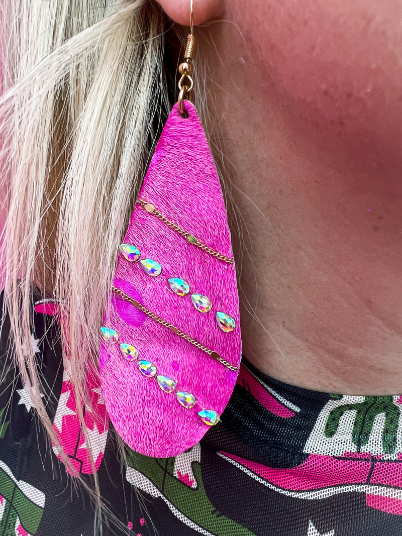 Pink Rhinestone Cowhide Earrings