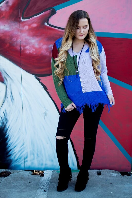 Cobalt Color Blocked Distressed Sweater